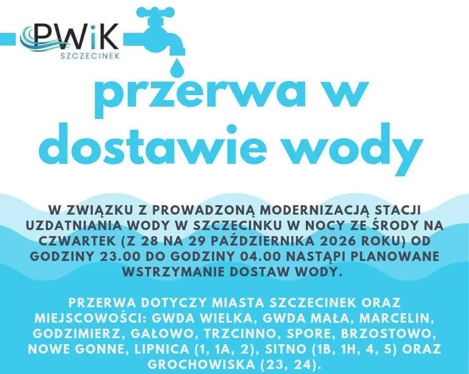 aktualność: Planowana przerwa w dostawie wody w Szczecinku i okolicznych miejscowościach